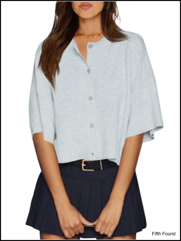 Women's Oversized Cropped Cardigan Half Sleeve Button Front Ribbed Knit